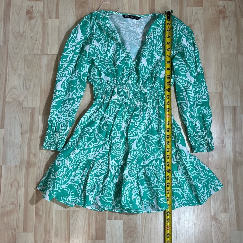Zara Green & White PRINTED LINEN BLEND MINI Long Sleeve DRESS Size Small - Picture 4 of 8